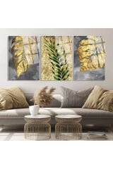 3 LÜ BOHEM TABLO ALTIN YAPRAKLAR PARÇALI SET TABLO KIRILMAZ LÜKS CAM TABLO EV HEDİYESİ