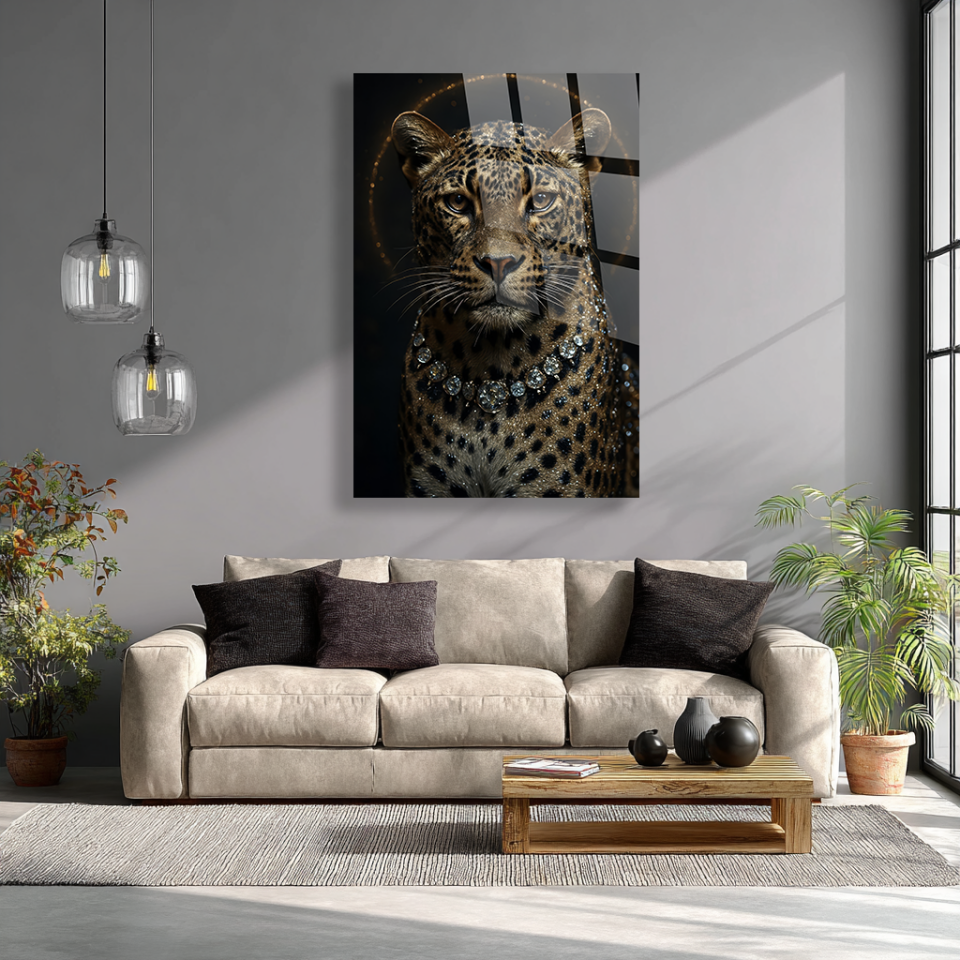 KIRILMAZ CAM TABLO IŞILTILI KOLYELİ LEOPAR HAYVAN TASARIMI