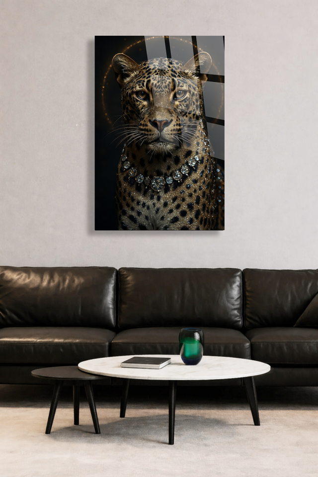 KIRILMAZ CAM TABLO IŞILTILI KOLYELİ LEOPAR HAYVAN TASARIMI