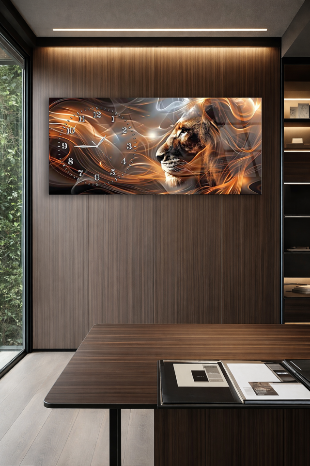 KIRILMAZ CAM DUVAR SAATİ , HEM TABLO HEM SAAT SOYUT ALEVLİ ASLAN DESENLİ MODERN CAM DUVAR SAATİ