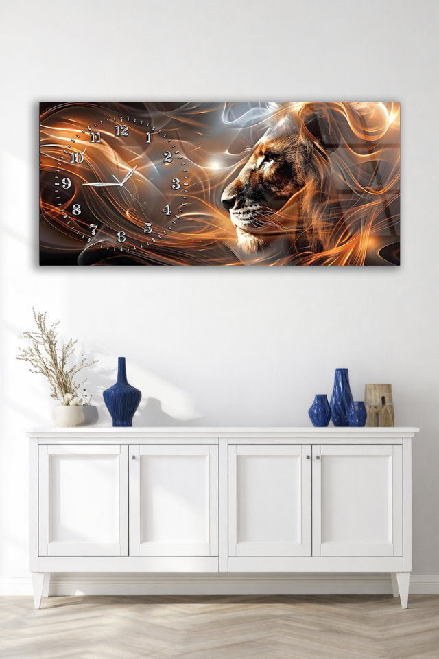KIRILMAZ CAM DUVAR SAATİ , HEM TABLO HEM SAAT SOYUT ALEVLİ ASLAN DESENLİ MODERN CAM DUVAR SAATİ