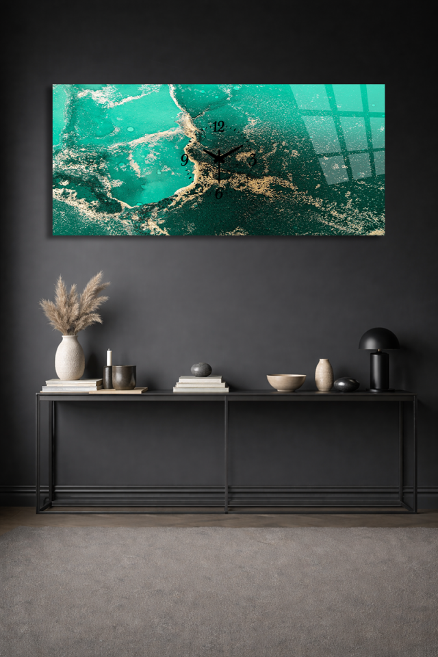 KIRILMAZ CAM DUVAR SAATİ , HEM TABLO HEM SAAT TURKUAZ DOKULU DOĞAL TAŞ TASARIMI EV OFİS HEDİYESİ