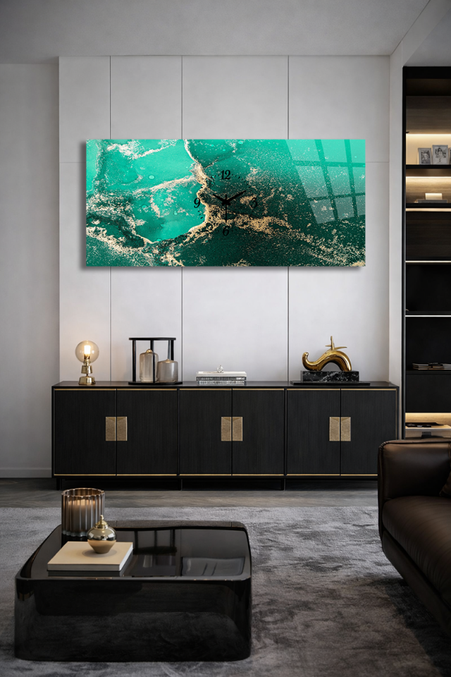 KIRILMAZ CAM DUVAR SAATİ , HEM TABLO HEM SAAT TURKUAZ DOKULU DOĞAL TAŞ TASARIMI EV OFİS HEDİYESİ