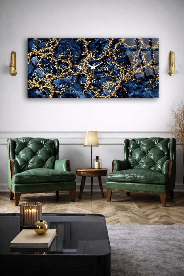KIRILMAZ CAM DUVAR SAATİ , HEM TABLO HEM SAAT LACİVERT ALTIN MERMER DOKU TASARIM EV OFİS HEDİYESİ