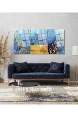 3 LÜ MAVİ TEMALI ALTIN KUŞLAR PARÇALI SET TABLO KIRILMAZ LÜKS CAM TABLO EV HEDİYESİ