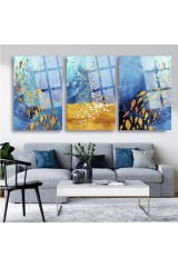 3 LÜ MAVİ TEMALI ALTIN KUŞLAR PARÇALI SET TABLO KIRILMAZ LÜKS CAM TABLO EV HEDİYESİ