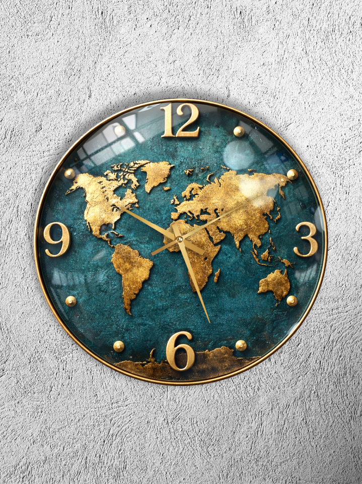 KIRILMAZ CAM DUVAR SAATİ, HEM TABLO HEM SAAT DÜNYA HARİTASI GOLD DETAYLI MODERN TASARIM EV OFİS HEDİYESİ