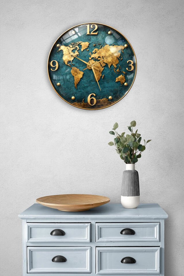 KIRILMAZ CAM DUVAR SAATİ, HEM TABLO HEM SAAT DÜNYA HARİTASI GOLD DETAYLI MODERN TASARIM EV OFİS HEDİYESİ