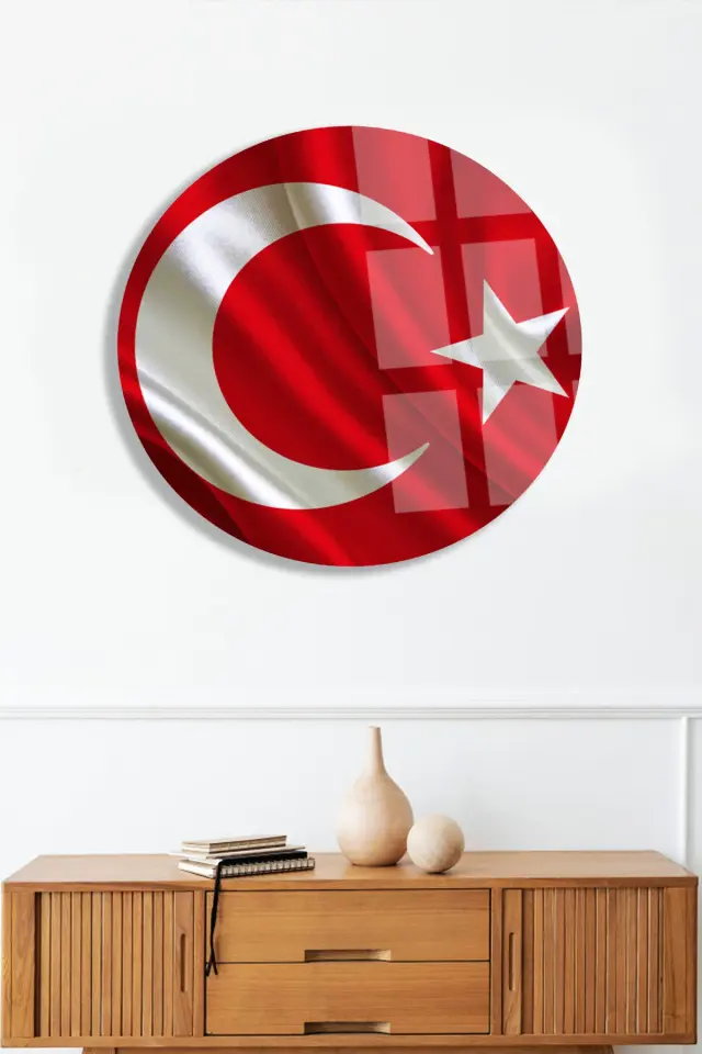 TÜRK BAYRAĞI CAM TABLOSU YUVARLAK ŞIK VE LÜKS KIRILMAZ MODERN CAM TABLO EV HEDİYESİ TABLO Kırmızı