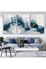 3 LÜ MAVİ TEMALI MERMER PARÇALI SET TABLO KIRILMAZ LÜKS CAM TABLO EV HEDİYESİ
