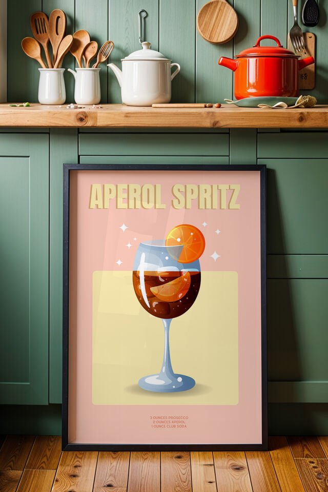 SİYAH - Aperol Spritz Tarifi Mutfak Dekor Ahşap Çerçeveli Duvar Tablosu