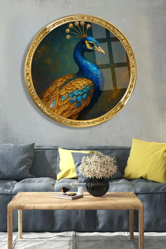 LÜKS TAVUS KUŞU CAM TABLOSU YUVARLAK ŞIK VE LÜKS KIRILMAZ MODERN CAM TABLO EV HEDİYESİ TABLO Mavi