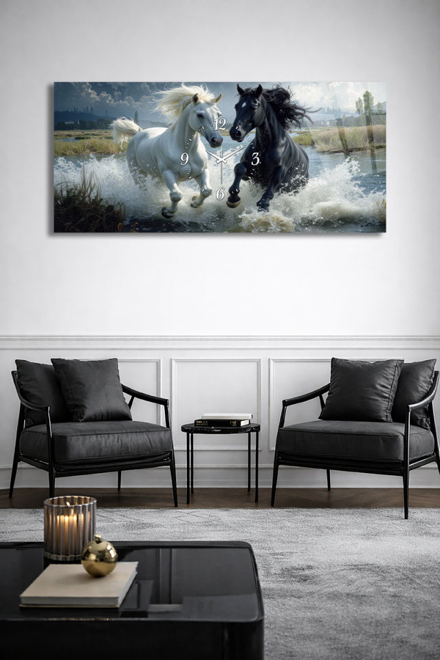 KIRILMAZ CAM DUVAR SAATİ , HEM TABLO HEM SAAT Koşan Atlar Doğa Temalı Sanatsal EV OFİS HEDİYESİ