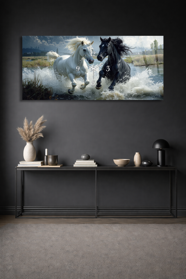 KIRILMAZ CAM DUVAR SAATİ , HEM TABLO HEM SAAT Koşan Atlar Doğa Temalı Sanatsal EV OFİS HEDİYESİ