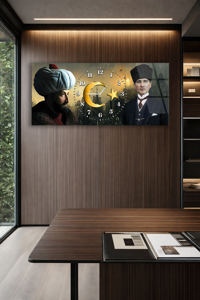 KIRILMAZ CAM DUVAR SAATİ , HEM TABLO HEM SAAT OSMANLI PADİŞAHI VE ATATÜRK AY YILDIZ DETAYLI SAAT