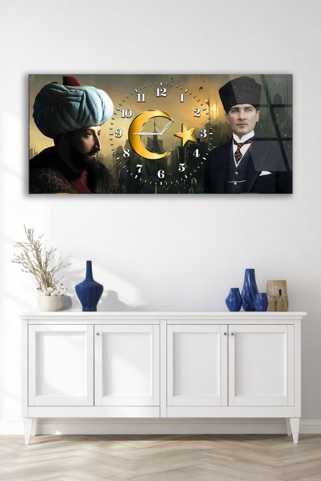 KIRILMAZ CAM DUVAR SAATİ , HEM TABLO HEM SAAT OSMANLI PADİŞAHI VE ATATÜRK AY YILDIZ DETAYLI SAAT
