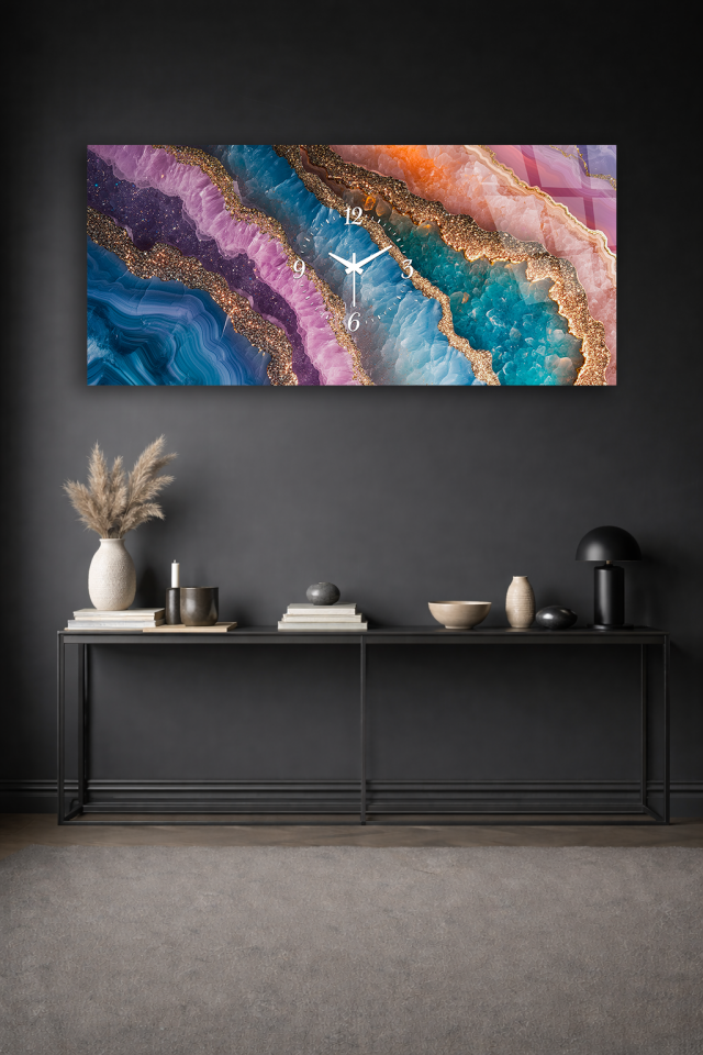 KIRILMAZ CAM DUVAR SAATİ , HEM TABLO HEM SAAT RENKLİ AGAT TAŞ DOKU EV OFİS HEDİYESİ