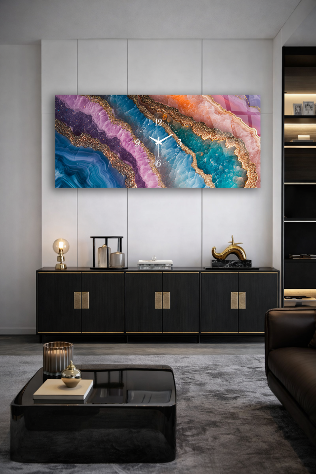 KIRILMAZ CAM DUVAR SAATİ , HEM TABLO HEM SAAT RENKLİ AGAT TAŞ DOKU EV OFİS HEDİYESİ