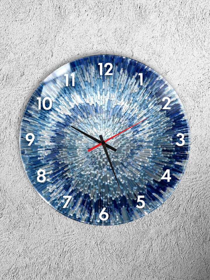 KIRILMAZ CAM DUVAR SAATİ, HEM TABLO HEM SAAT MAVİ RADYAL SOYUT SANAT TASARIM EV OFİS HEDİYESİ