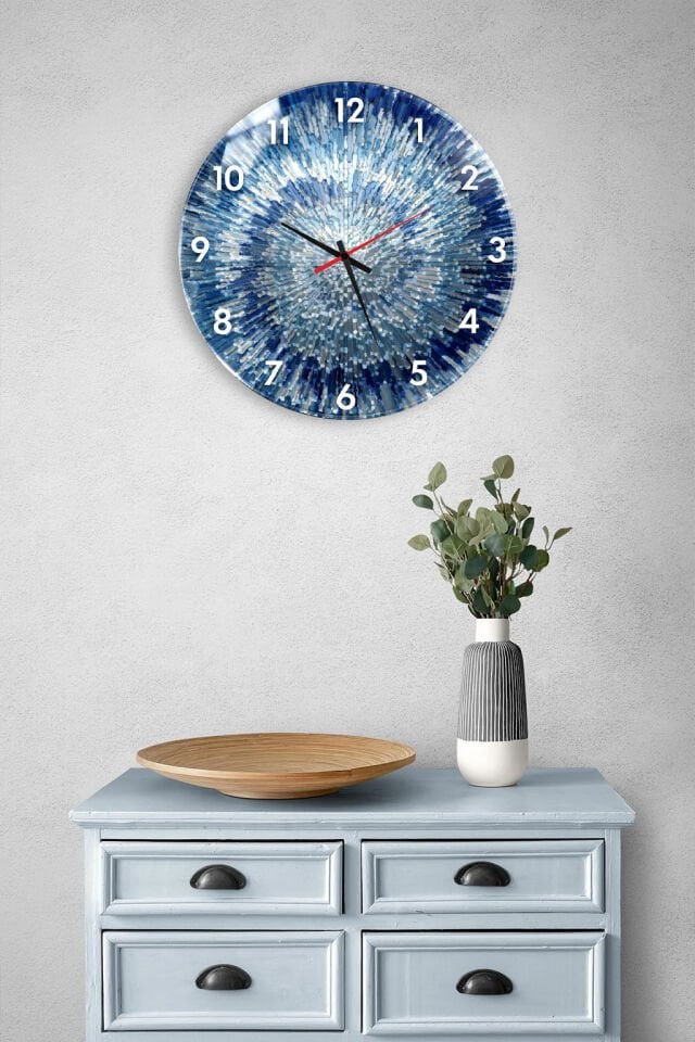 KIRILMAZ CAM DUVAR SAATİ, HEM TABLO HEM SAAT MAVİ RADYAL SOYUT SANAT TASARIM EV OFİS HEDİYESİ