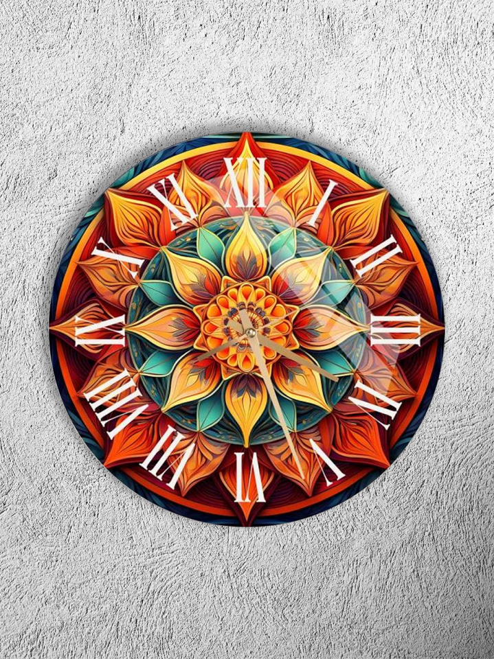 KIRILMAZ CAM DUVAR SAATİ, HEM TABLO HEM SAAT RENKLİ MANDALA ETNİK DESEN EV OFİS HEDİYESİ