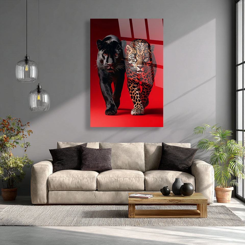 KIRILMAZ CAM TABLO LEOPAR VE SİYAH PANTER GÜÇLÜ VAHŞİ HAYVAN TASARIMI