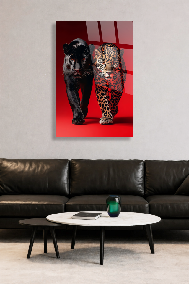 KIRILMAZ CAM TABLO LEOPAR VE SİYAH PANTER GÜÇLÜ VAHŞİ HAYVAN TASARIMI