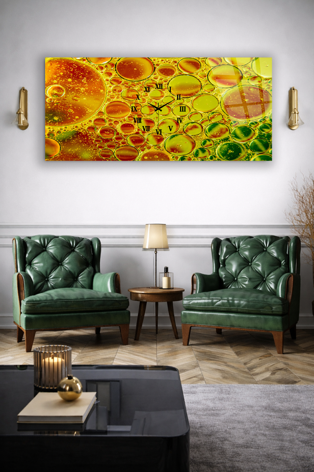 KIRILMAZ CAM DUVAR SAATİ , HEM TABLO HEM SAAT Sarı Baloncuk Soyut Canlı Renkler EV OFİS HEDİYESİ