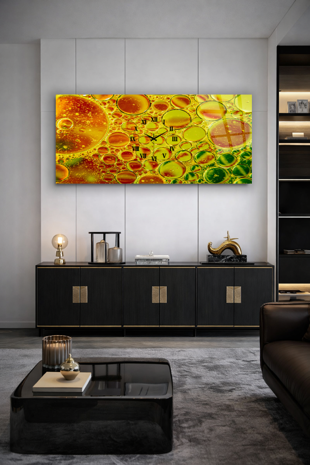 KIRILMAZ CAM DUVAR SAATİ , HEM TABLO HEM SAAT Sarı Baloncuk Soyut Canlı Renkler EV OFİS HEDİYESİ