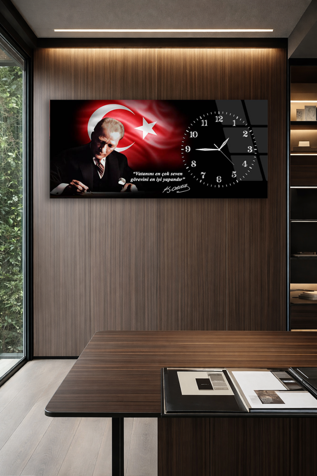 KIRILMAZ CAM DUVAR SAATİ , HEM TABLO HEM SAAT ATATÜRK VE TÜRK BAYRAKLI SAAT EV OFİS HEDİYESİ