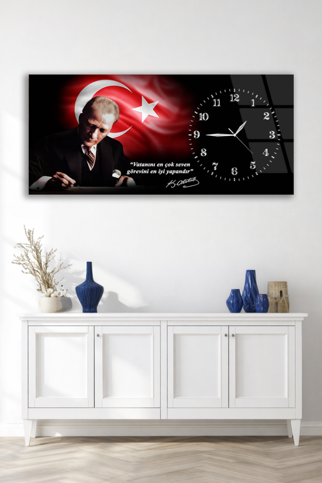 KIRILMAZ CAM DUVAR SAATİ , HEM TABLO HEM SAAT ATATÜRK VE TÜRK BAYRAKLI SAAT EV OFİS HEDİYESİ