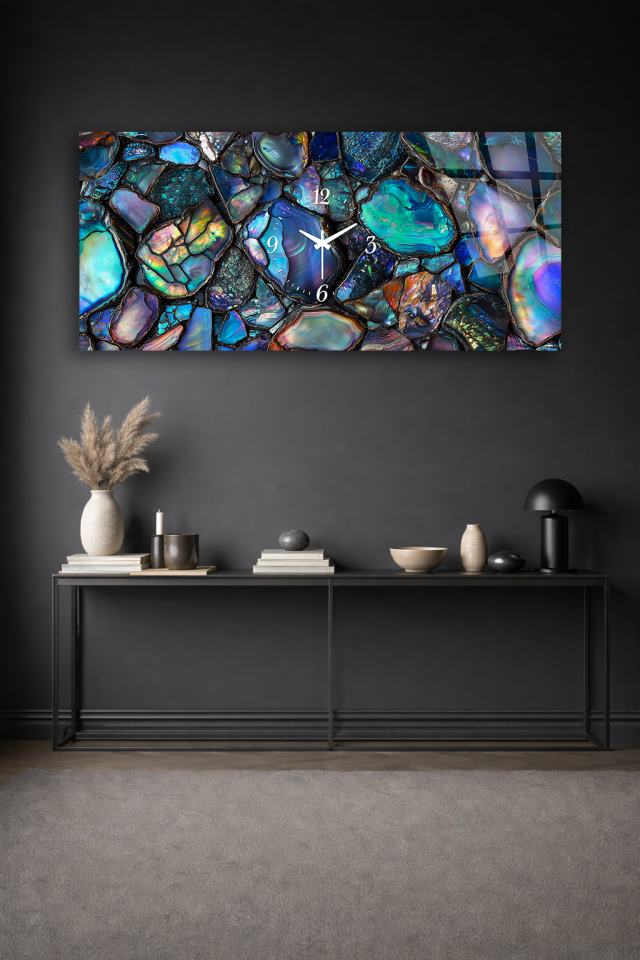 KIRILMAZ CAM DUVAR SAATİ , HEM TABLO HEM SAAT İRİDESAN MOZAİK TAŞ EV OFİS HEDİYESİ