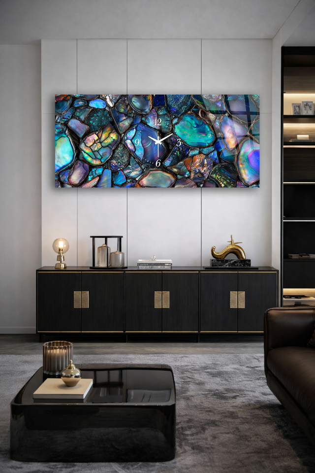 KIRILMAZ CAM DUVAR SAATİ , HEM TABLO HEM SAAT İRİDESAN MOZAİK TAŞ EV OFİS HEDİYESİ