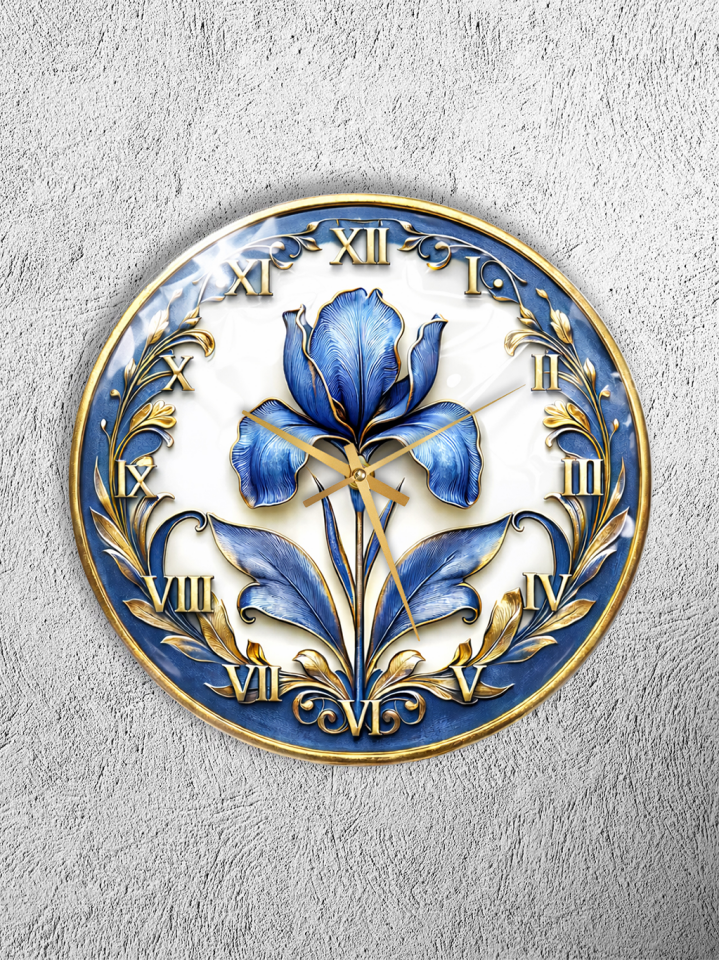 KIRILMAZ CAM DUVAR SAATİ, HEM TABLO HEM SAAT MAVİ İRİS ÇİÇEĞİ KLASİK MOTİF TASARIM EV OFİS HEDİYESİ