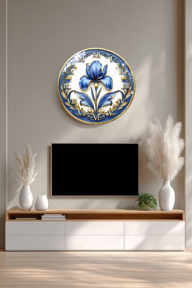 KIRILMAZ CAM DUVAR SAATİ, HEM TABLO HEM SAAT MAVİ İRİS ÇİÇEĞİ KLASİK MOTİF TASARIM EV OFİS HEDİYESİ