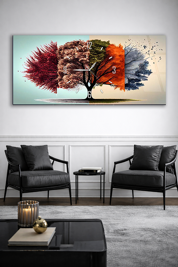 KIRILMAZ CAM DUVAR SAATİ , HEM TABLO HEM SAAT DÖRT MEVSİM AĞAÇ SANATSAL TASARIM EV OFİS HEDİYESİ