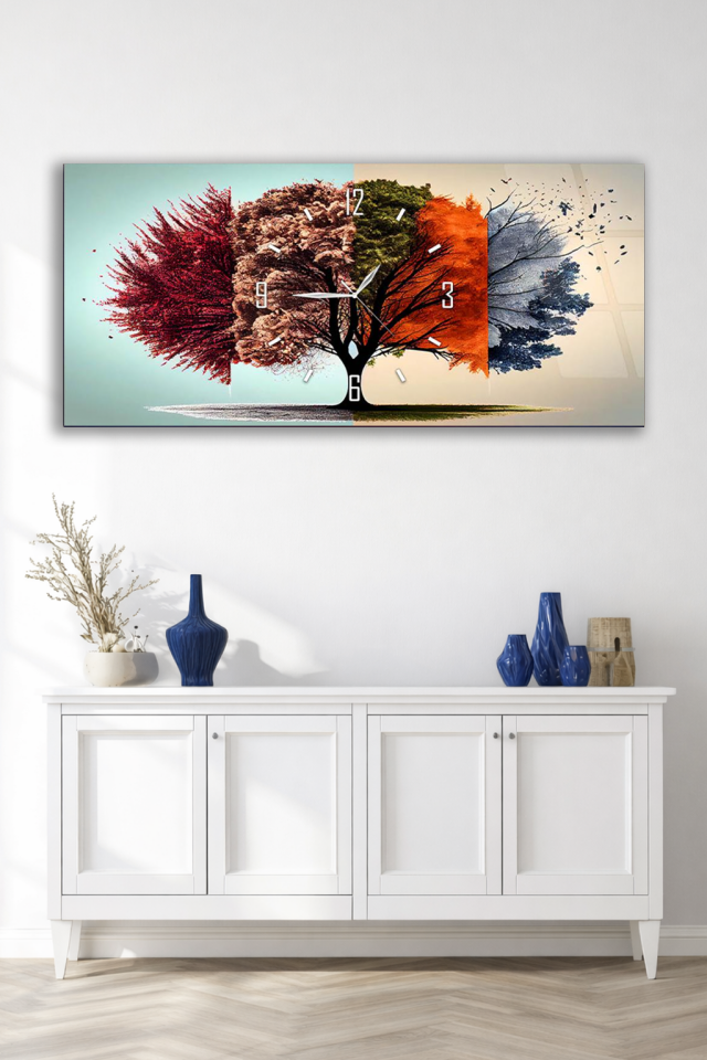 KIRILMAZ CAM DUVAR SAATİ , HEM TABLO HEM SAAT DÖRT MEVSİM AĞAÇ SANATSAL TASARIM EV OFİS HEDİYESİ