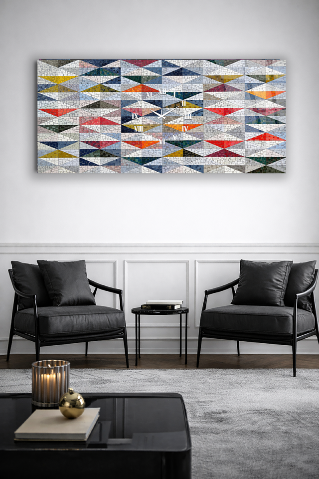 KIRILMAZ CAM DUVAR SAATİ , HEM TABLO HEM SAAT GEOMETRİK MOZAİK DESEN EV OFİS HEDİYESİ