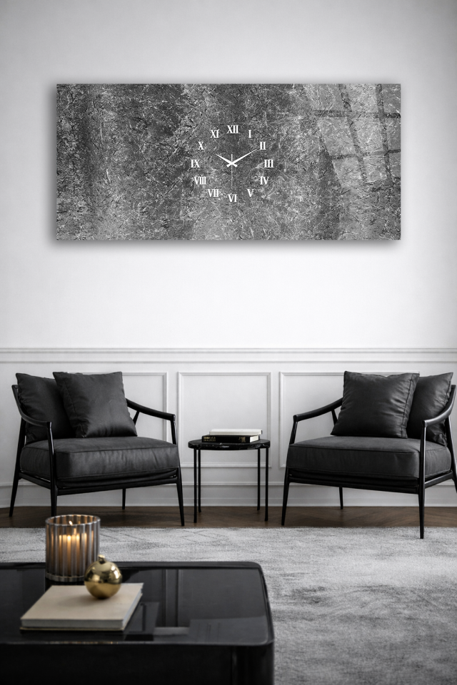 KIRILMAZ CAM DUVAR SAATİ , HEM TABLO HEM SAAT BETON GRİ ROMA RAKAMLI EV OFİS HEDİYESİ