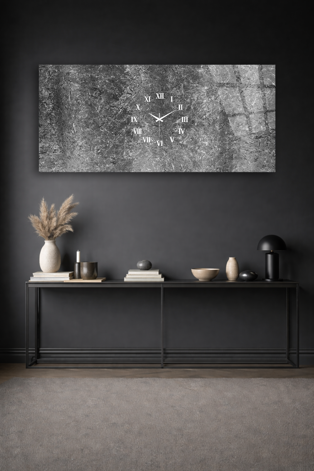 KIRILMAZ CAM DUVAR SAATİ , HEM TABLO HEM SAAT BETON GRİ ROMA RAKAMLI EV OFİS HEDİYESİ