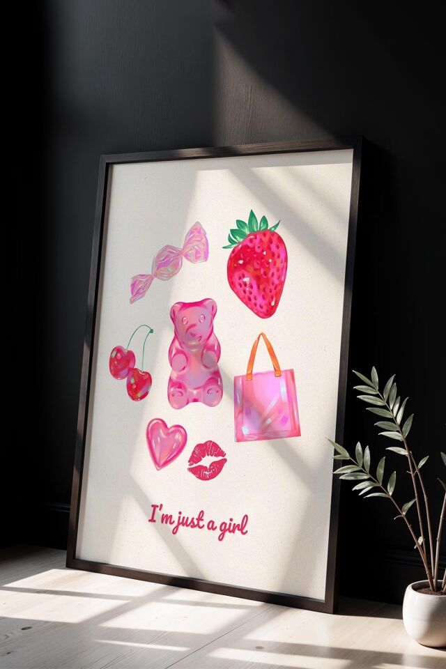 SİYAH - Strawberry Girl Pembe Maksimalist Sanatı Ahşap Çerçeveli Duvar Tablosu