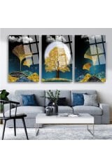 3 LÜ GECE AĞAÇ GOLD DETAYLI PARÇALI SET TABLO KIRILMAZ LÜKS CAM TABLO EV HEDİYESİ