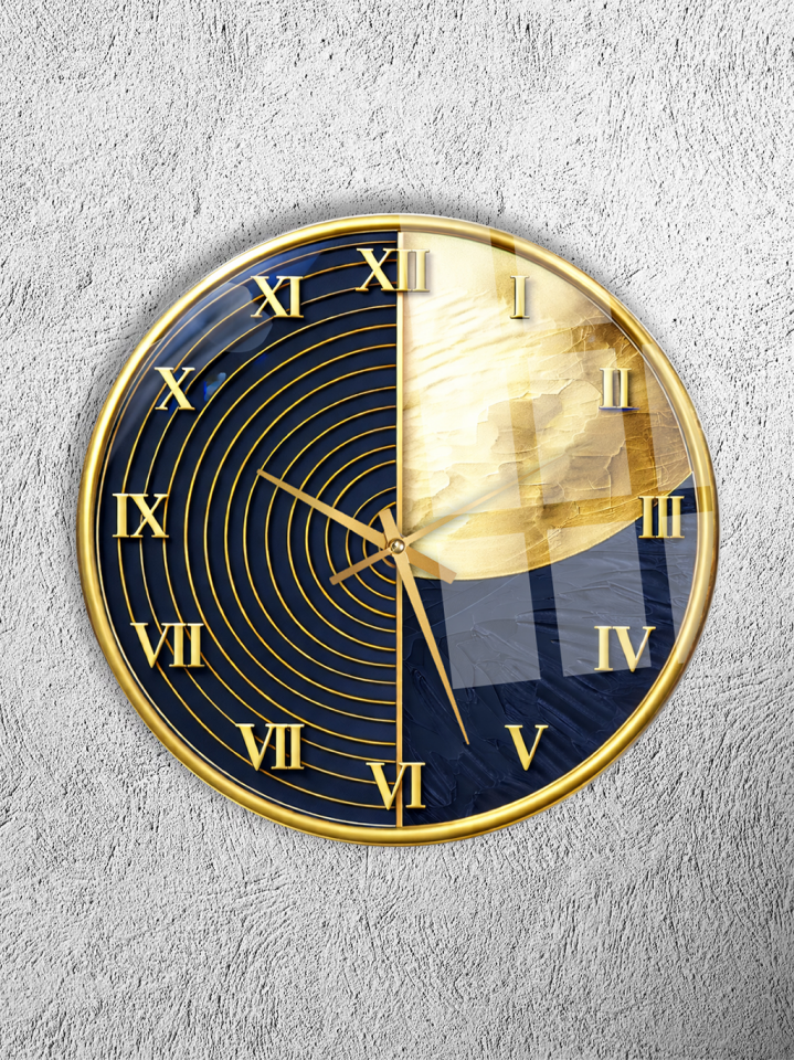 KIRILMAZ CAM DUVAR SAATİ, HEM TABLO HEM SAAT LACİVERT ALTIN ÇEMBER MODERN TASARIM EV OFİS HEDİYESİ