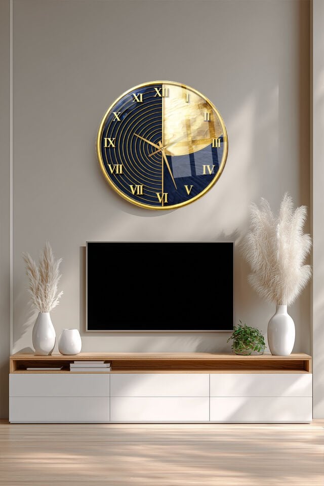 KIRILMAZ CAM DUVAR SAATİ, HEM TABLO HEM SAAT LACİVERT ALTIN ÇEMBER MODERN TASARIM EV OFİS HEDİYESİ