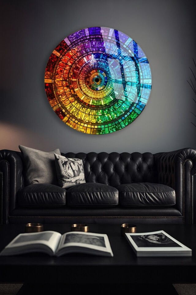 KIRILMAZ CAM TABLO RENKLİ MOZAİK SPİRAL SANAT TASARIMI MODERN SOYUT DEKOR
