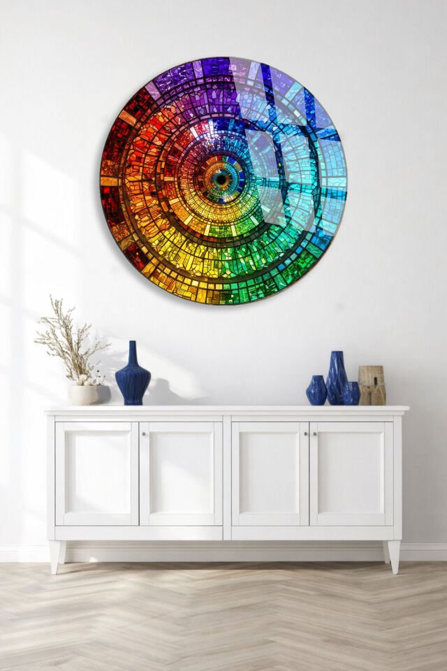 KIRILMAZ CAM TABLO RENKLİ MOZAİK SPİRAL SANAT TASARIMI MODERN SOYUT DEKOR