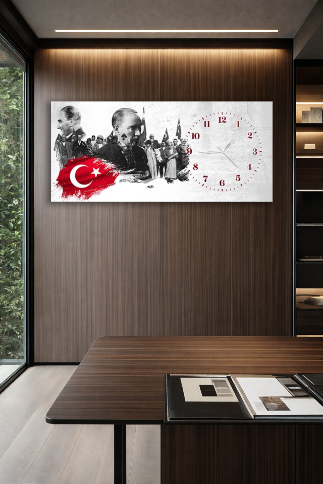 KIRILMAZ CAM DUVAR SAATİ , HEM TABLO HEM SAAT ATATÜRK VE TÜRK BAYRAĞI SAAT EV OFİS HEDİYESİ