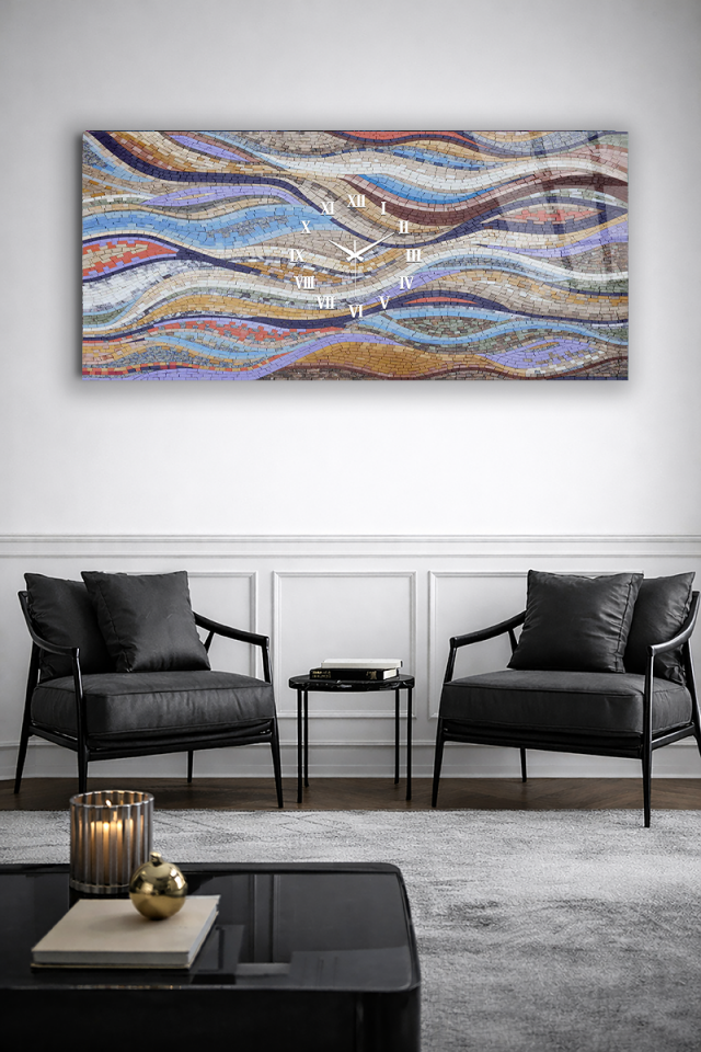 KIRILMAZ CAM DUVAR SAATİ , HEM TABLO HEM SAAT DALGALI MOZAİK SANAT EV OFİS HEDİYESİ