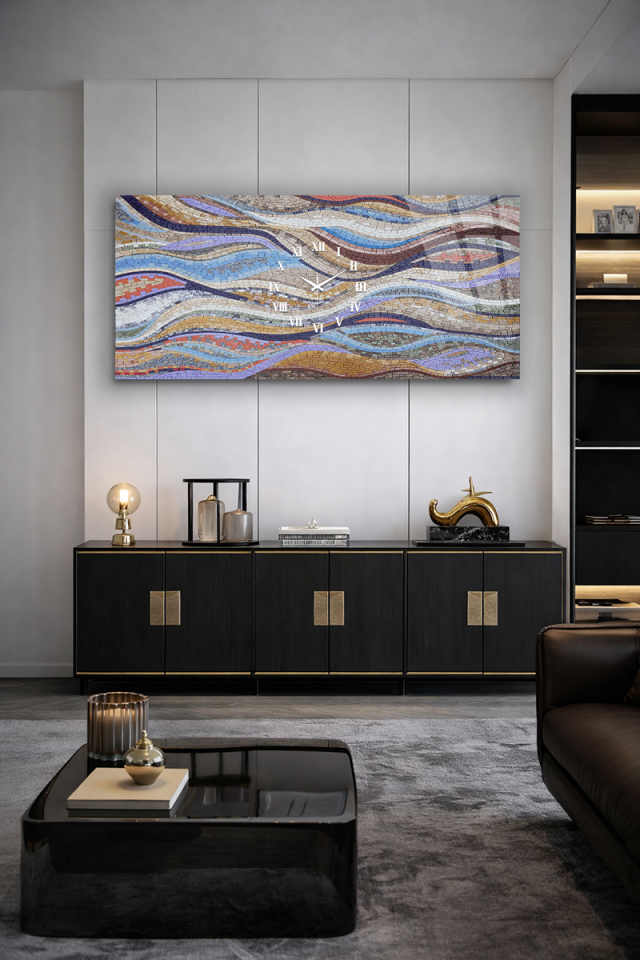 KIRILMAZ CAM DUVAR SAATİ , HEM TABLO HEM SAAT DALGALI MOZAİK SANAT EV OFİS HEDİYESİ