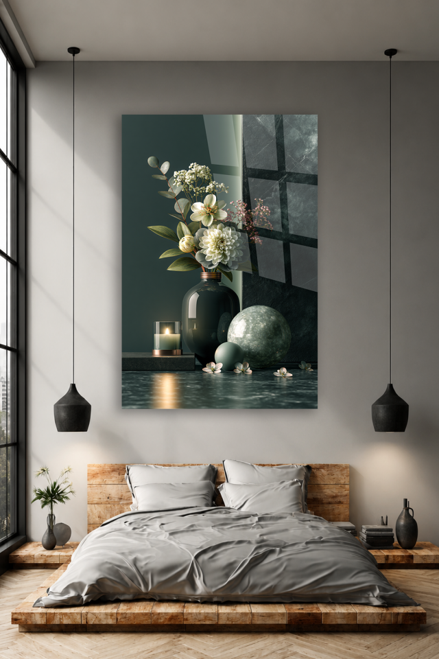 KIRILMAZ CAM TABLO MODERN VAZO ÇİÇEK TASARIMI SALON YATAK ODASI DUVAR DEKORU EV OFİS HEDİYESİ